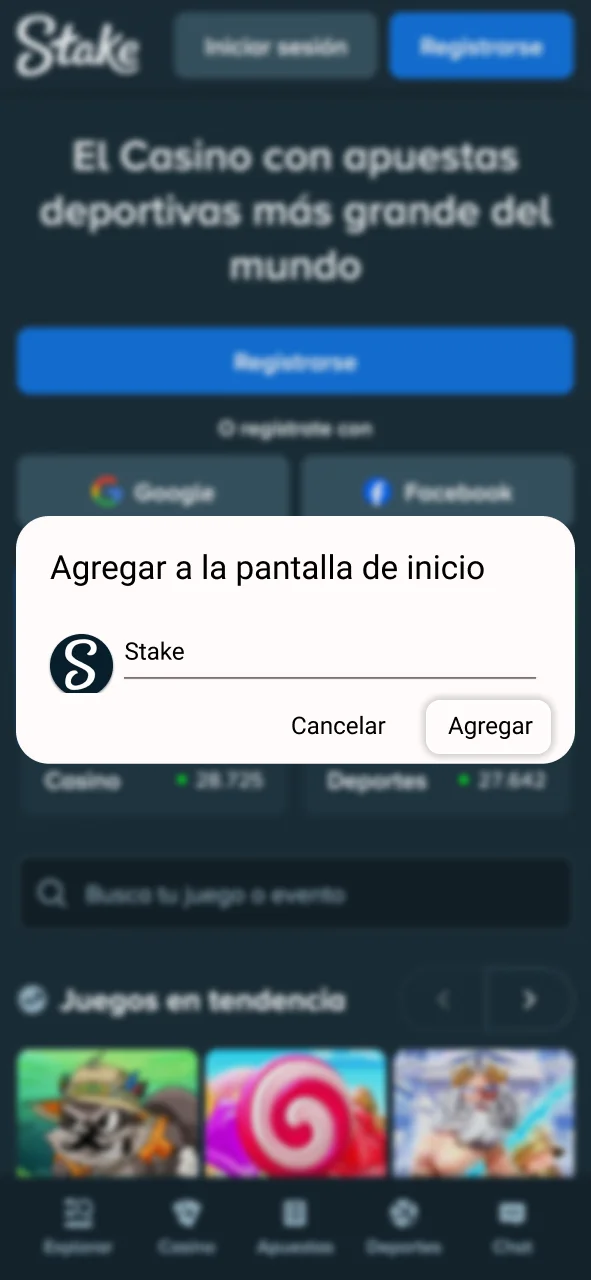Confirma la instalación de la PWA de Stake en tu dispositivo.