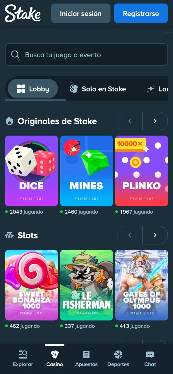 La app de Stake ofrece una amplia biblioteca de juegos de casino.