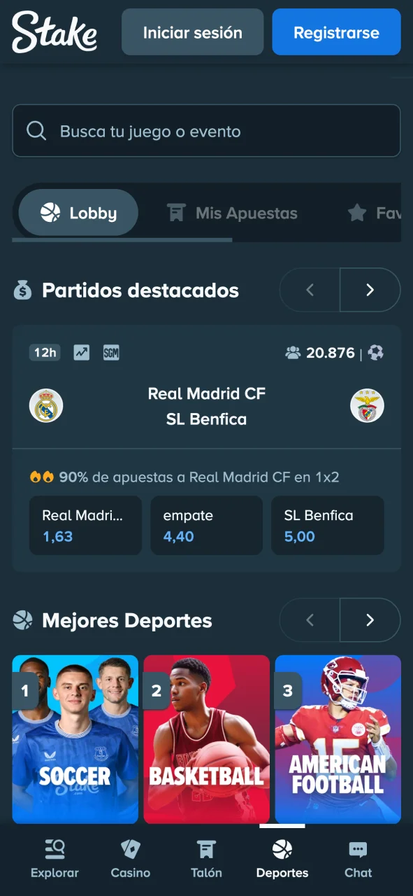 El menú deportivo de Stake permite filtrar por tus ligas favoritas.