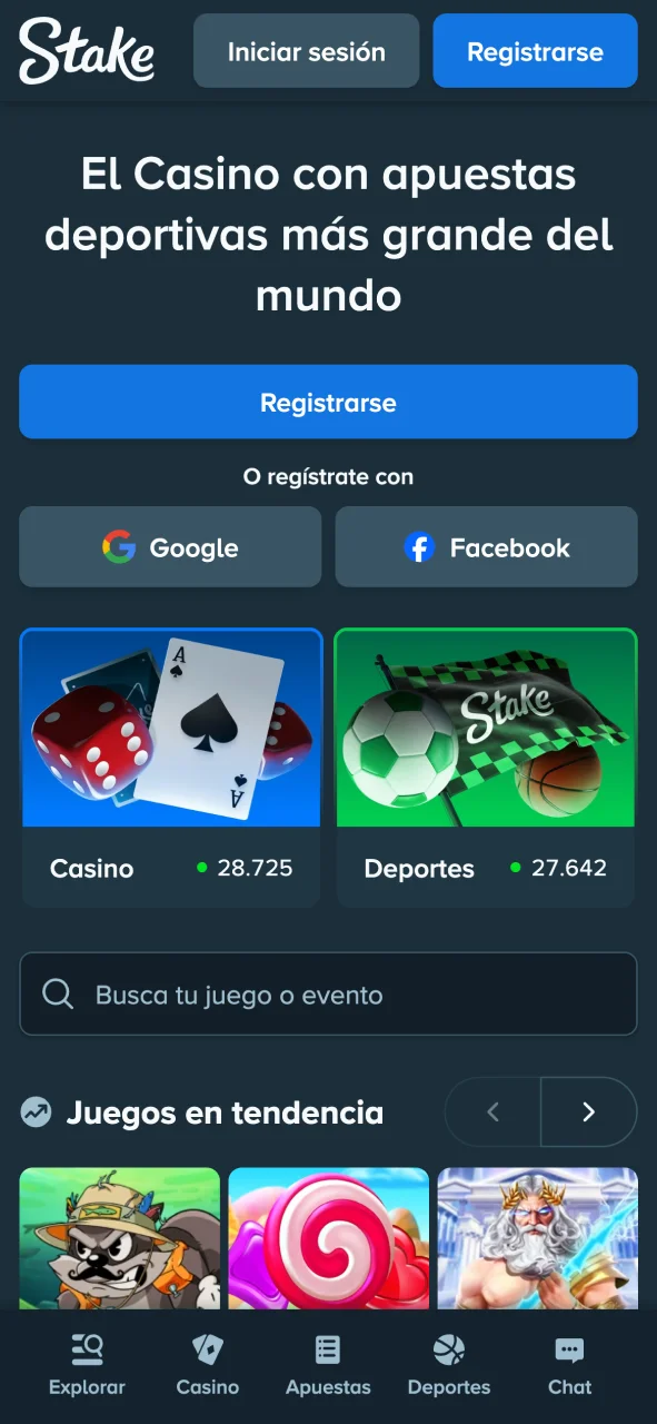 Explora el menú de inicio en la aplicación Stake.