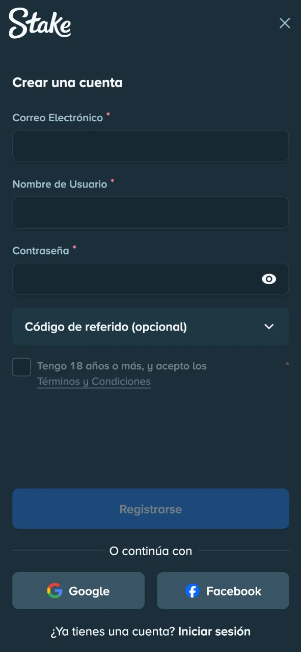 Completa el formulario de registro en la app de Stake.