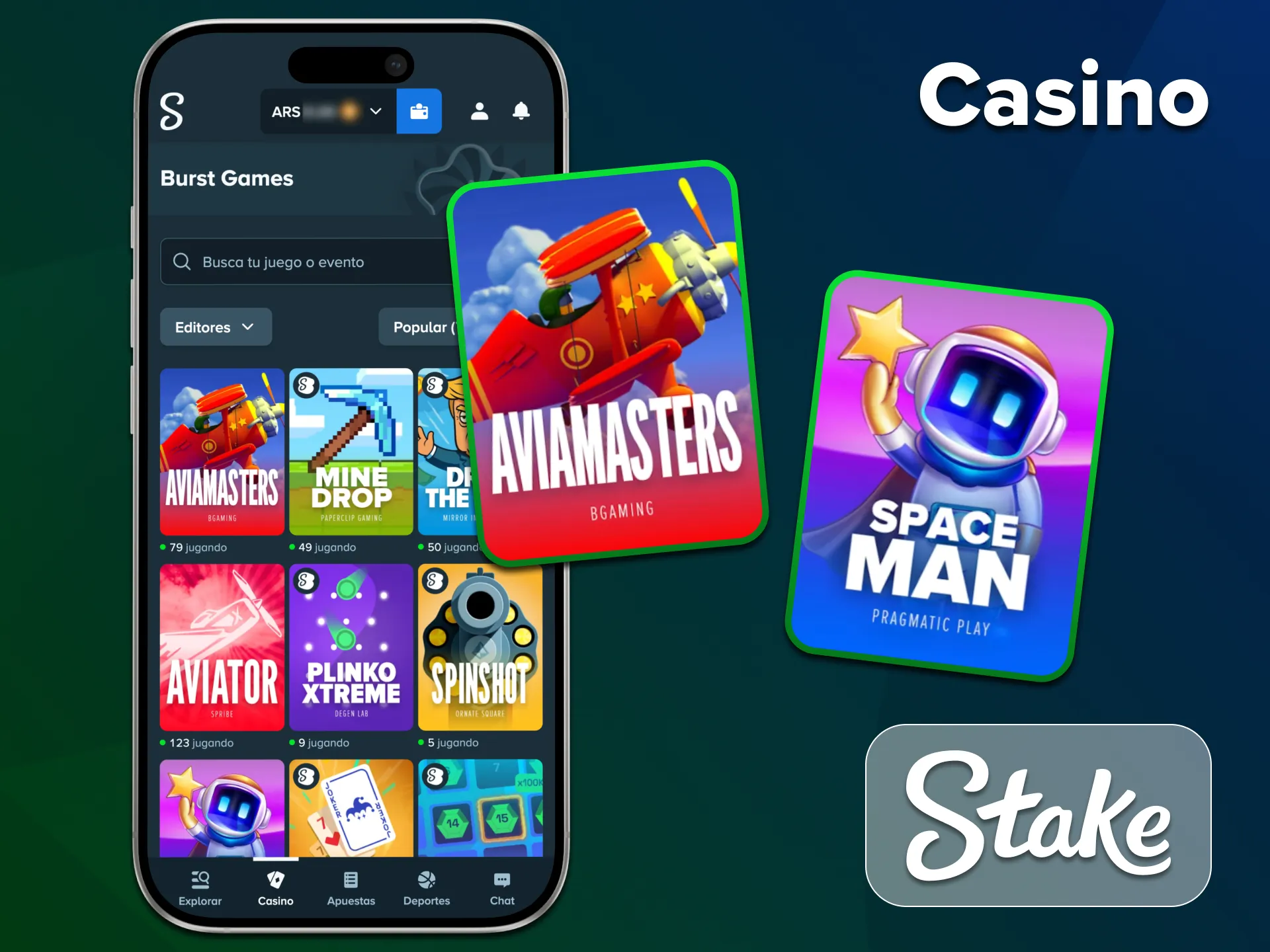Accede a la amplia sección de casino de la aplicación Stake.
