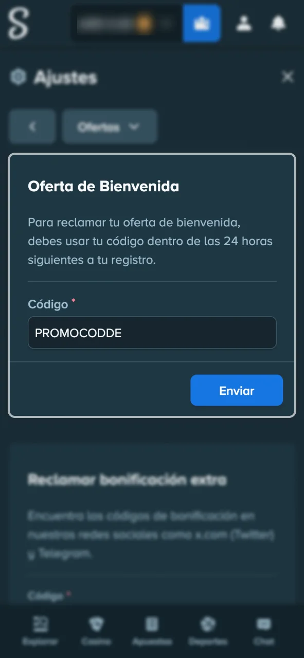 Introduce tu código promocional en el campo respectivo de Stake.