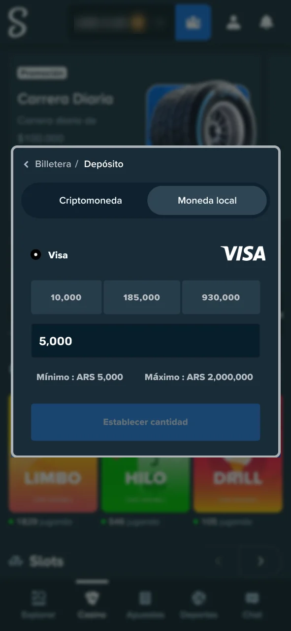 Recarga tu saldo en Stake utilizando los métodos de pago disponibles.
