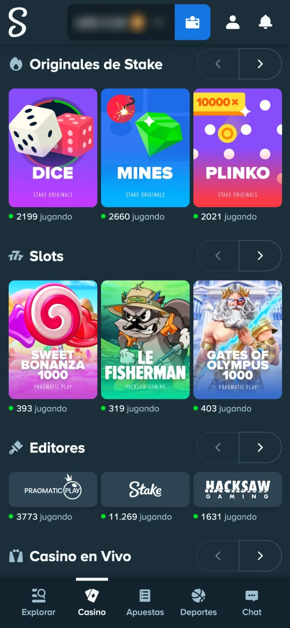 Explora las diversas categorías de juegos disponibles en Stake.