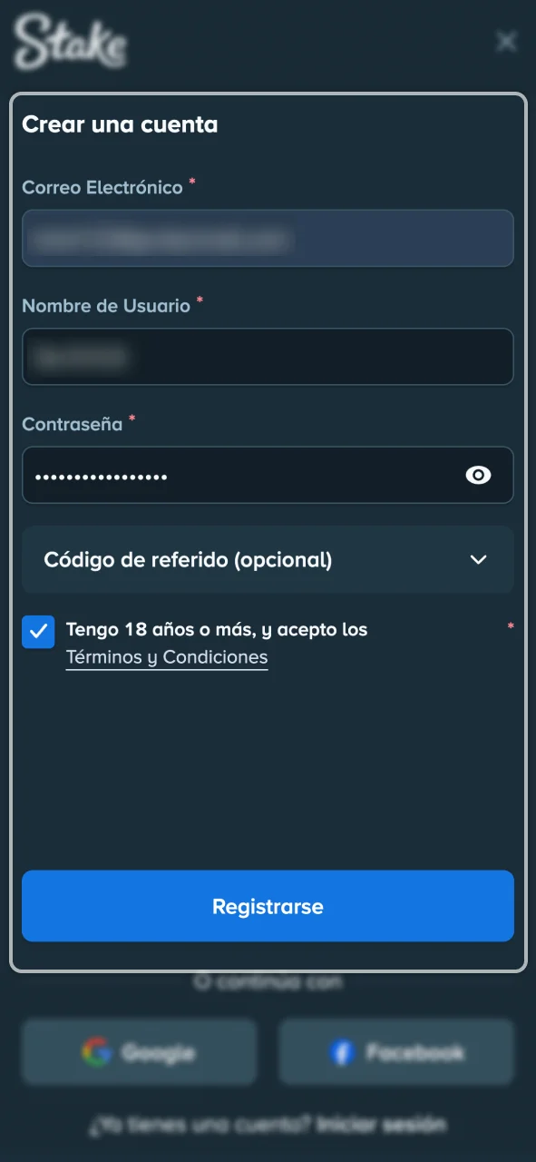 Inicia tu registro en Stake mediante el correo o tus redes sociales.
