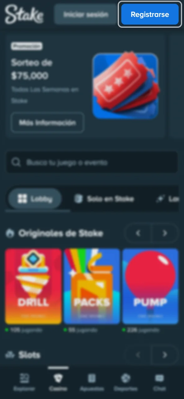 El botón de registro en Stake se encuentra en la barra superior.