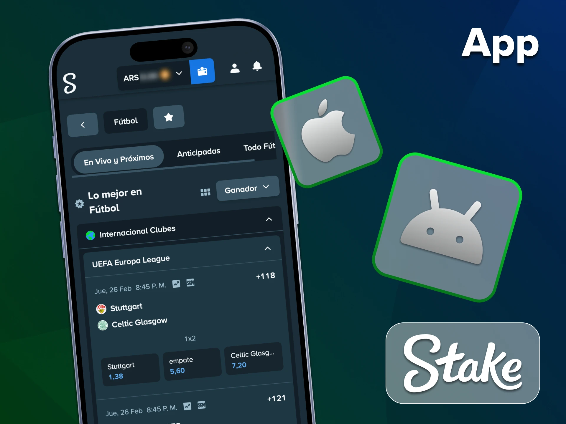 Acceda a las funciones del sitio web con la aplicación de fútbol Stake.