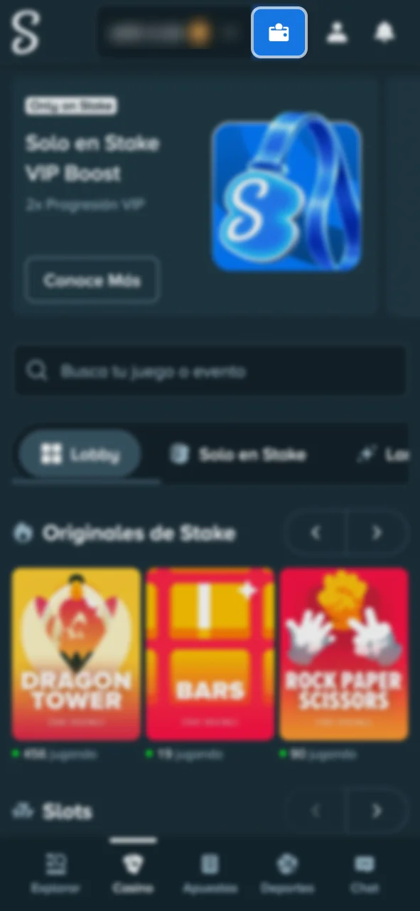 Accede al monedero de Stake para gestionar tus fondos disponibles.