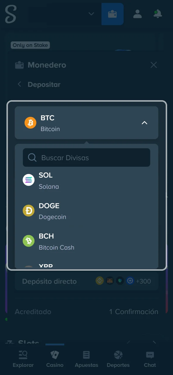 Selecciona tu método de pago preferido en el cajero de Stake.