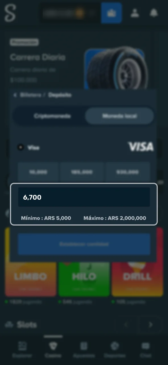 Introduce la cantidad a depositar en tu cuenta personal de Stake.