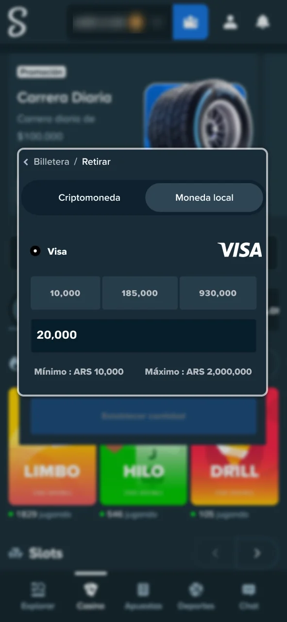 Elige el método de salida de fondos dentro de la plataforma Stake.