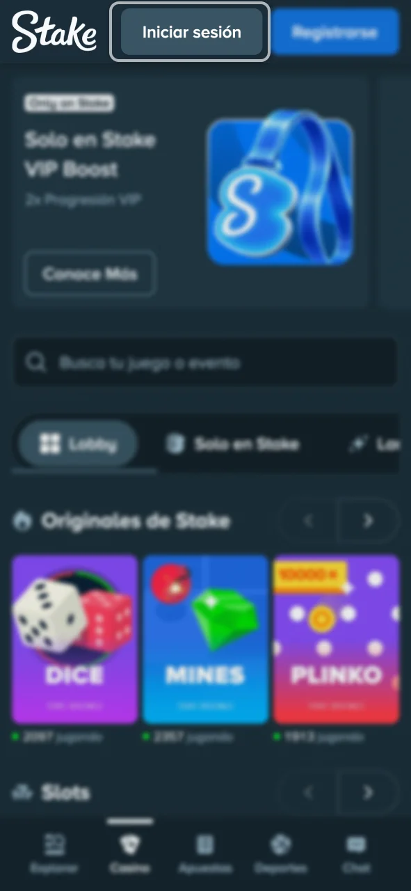 Utiliza tus credenciales registradas para entrar en la plataforma Stake.