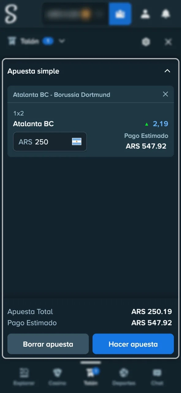 Confirma tu boleto de apuesta dentro de Stake.
