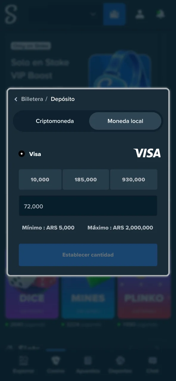 Añade fondos a tu perfil antes de jugar en Stake.