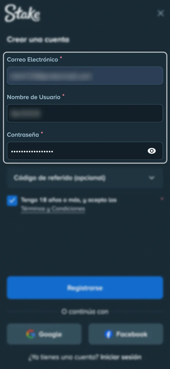 Introduce tus datos personales en el formulario de registro de Stake.