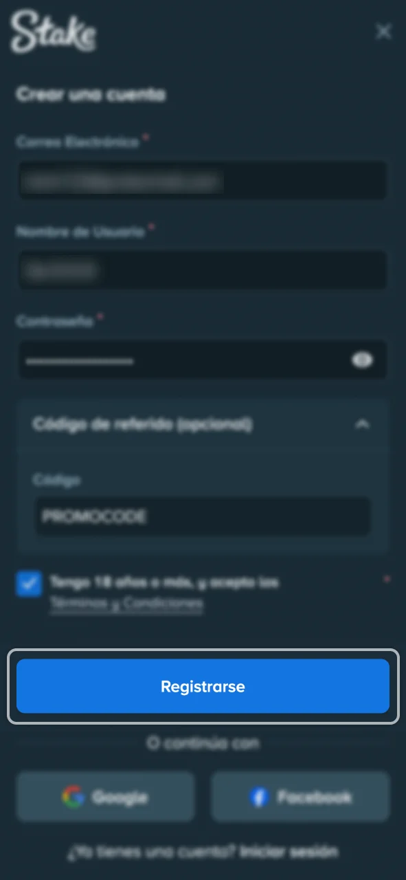 Acepta los términos y condiciones para finalizar tu registro en Stake.