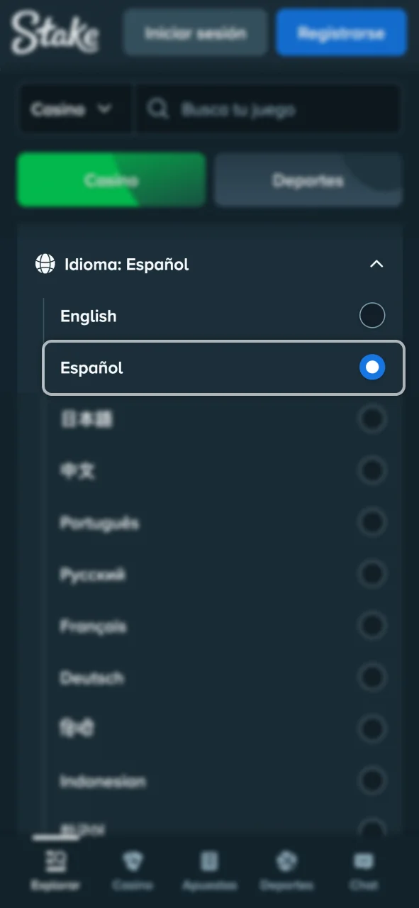 Configura el idioma español para navegar con comodidad en Stake.