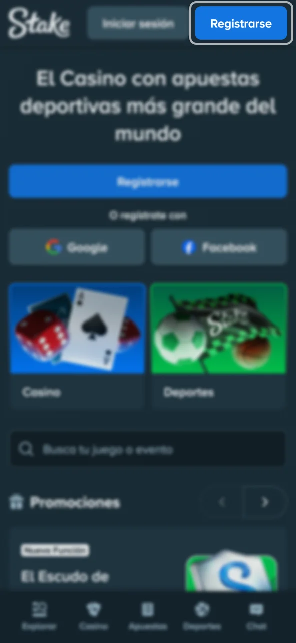 Inicia tu registro en la plataforma de Stake pulsando el botón azul.
