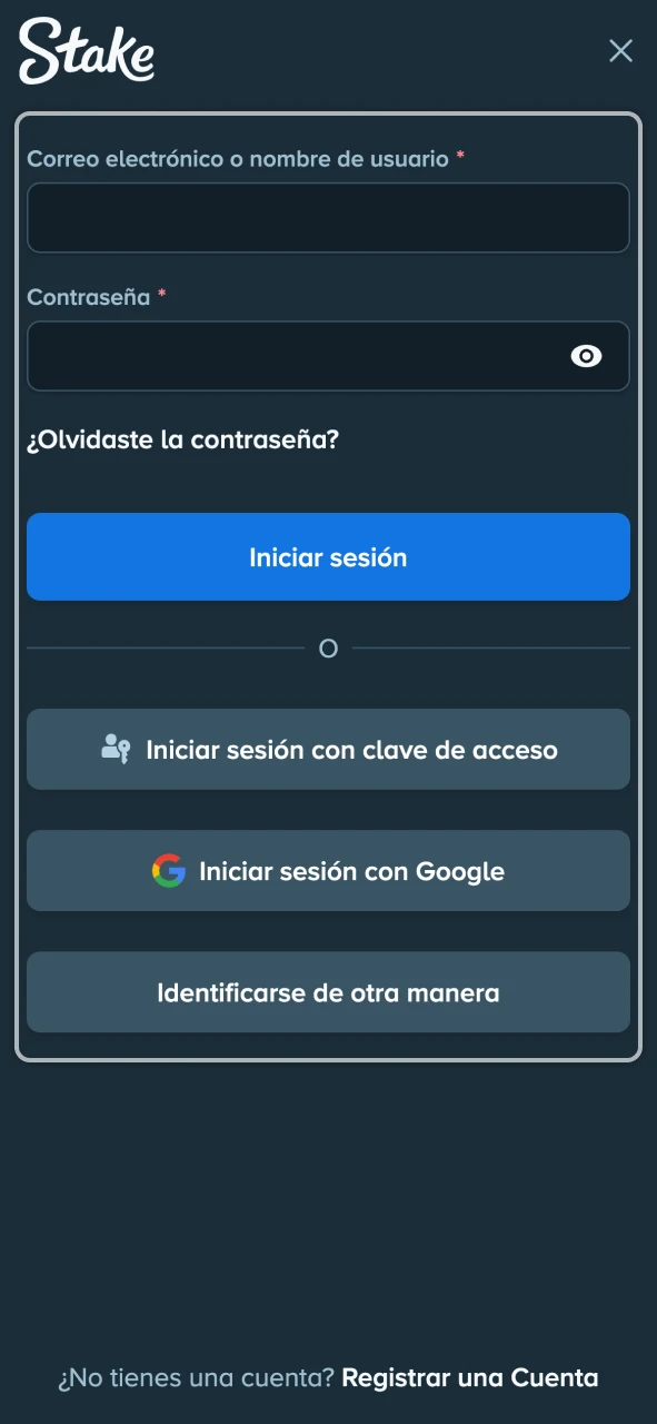 Elige el método de acceso preferido para entrar en Stake.