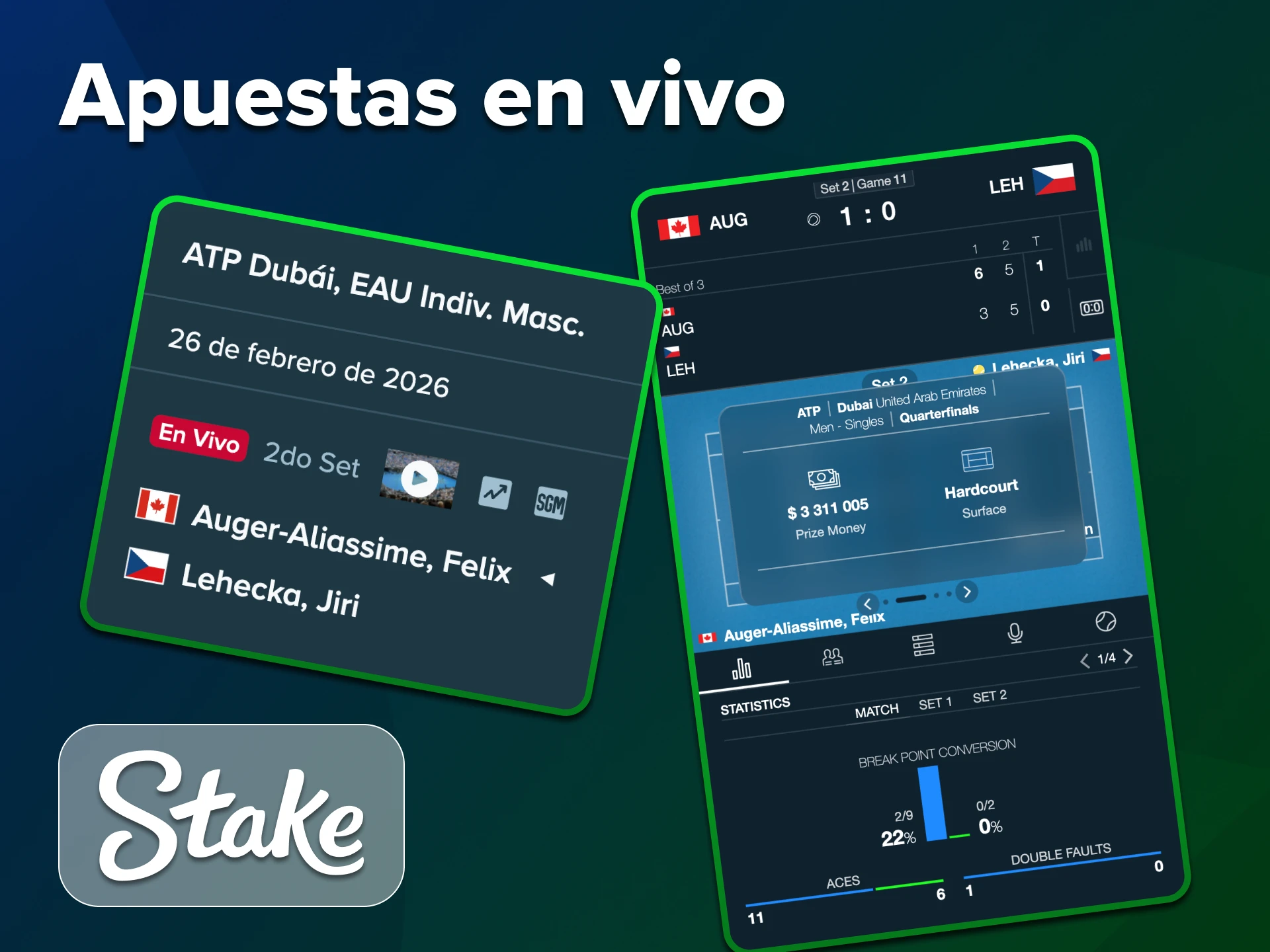 Disfrute de la función de apuestas en vivo en la sección Stake Tenis.