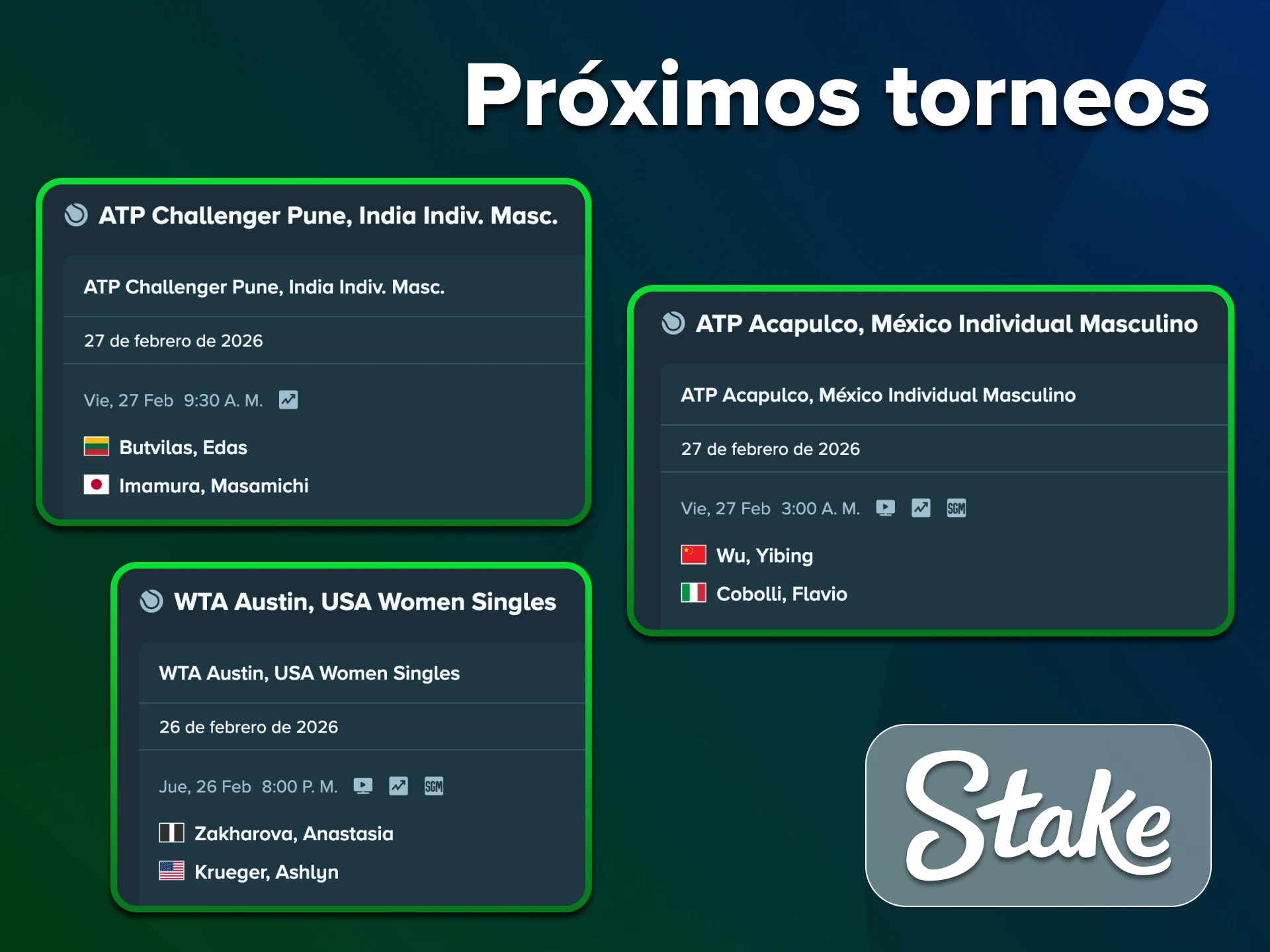 Programa tus apuestas de tenis en futuros torneos con Stake.